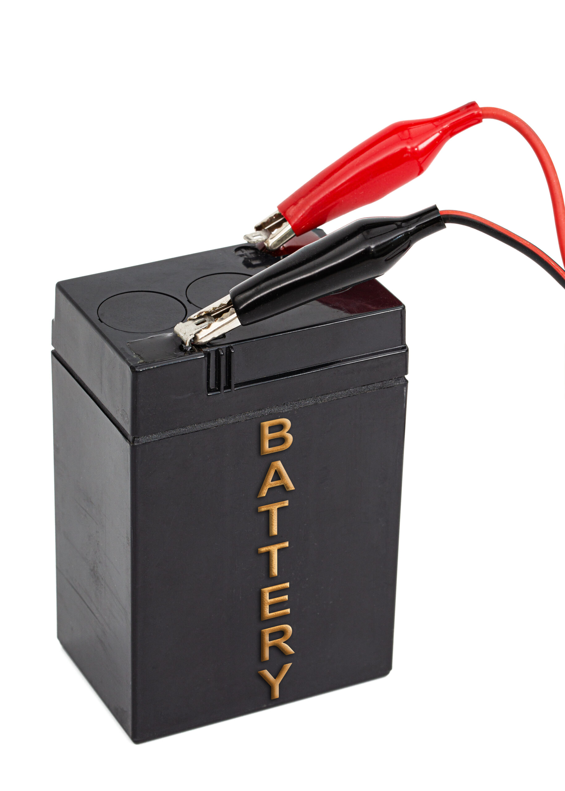 Acid rechargeable battery pack with the inscription "Battery" and with wires connected to pins, isolated on white background